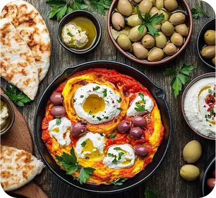 a close up of a pan of food with olives and pita bread