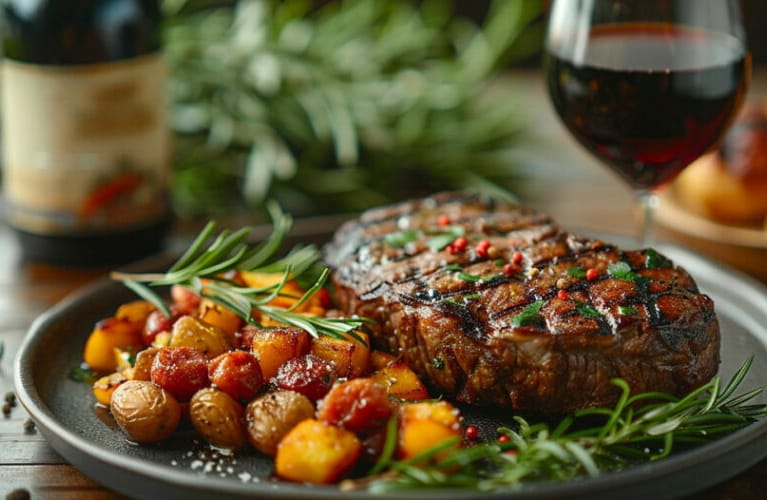 there is a steak and potatoes on a plate with a glass of wine